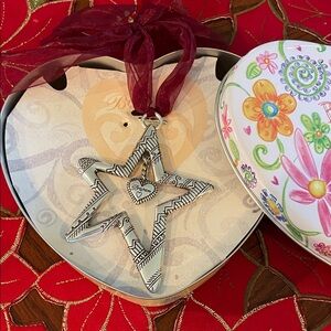 Brighton Silver Geometric Star Ornament with Burgundy Ribbon